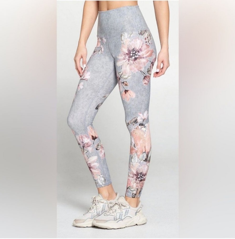 EVCR Evolution and Creation Gray Leggings Peach Flowers L